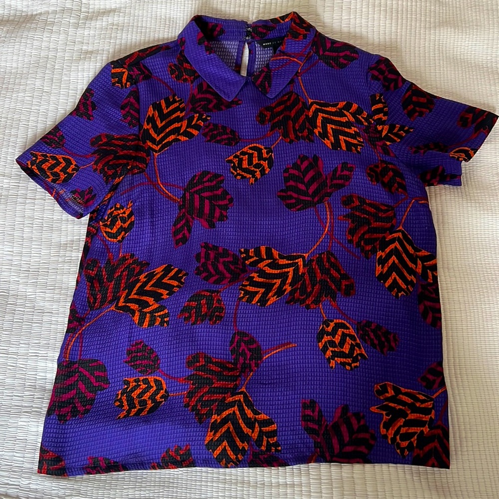 Marc by Marc Jacobs Silk Blouse, Sz 10, purple bg w/orange,burgundy&black floral